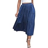 DREFBUFY Women's Mae Pleated Flowy Cxi Skirt Denim Tiered Elastic Waist Rufflasual Long Skirts with Pockets for Summer