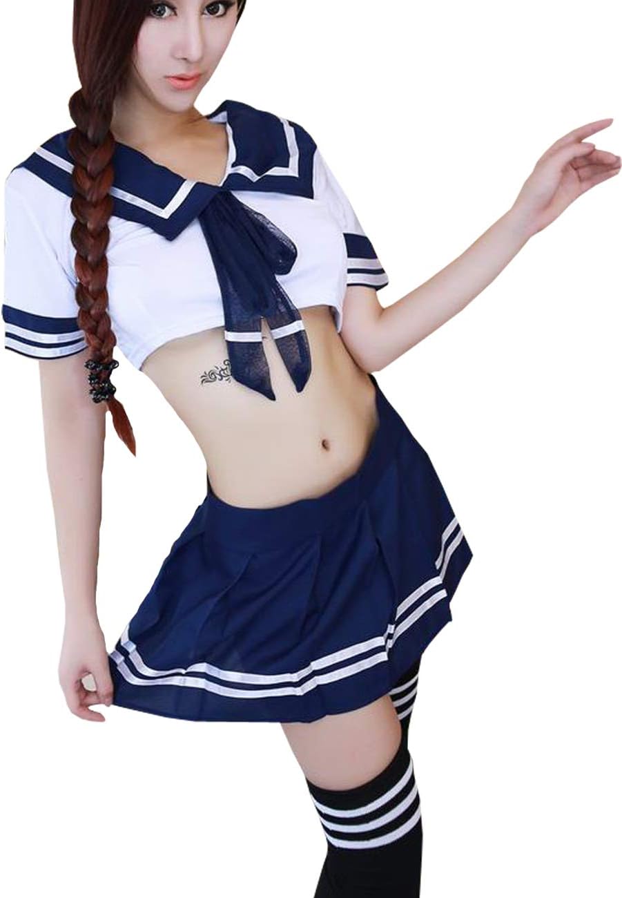 YUANMO Women's Naughty School Girl Fancy Dress Outfit Japanese Anime Lolita Sailor Costume Cosplay Lingerie Set with Stocking