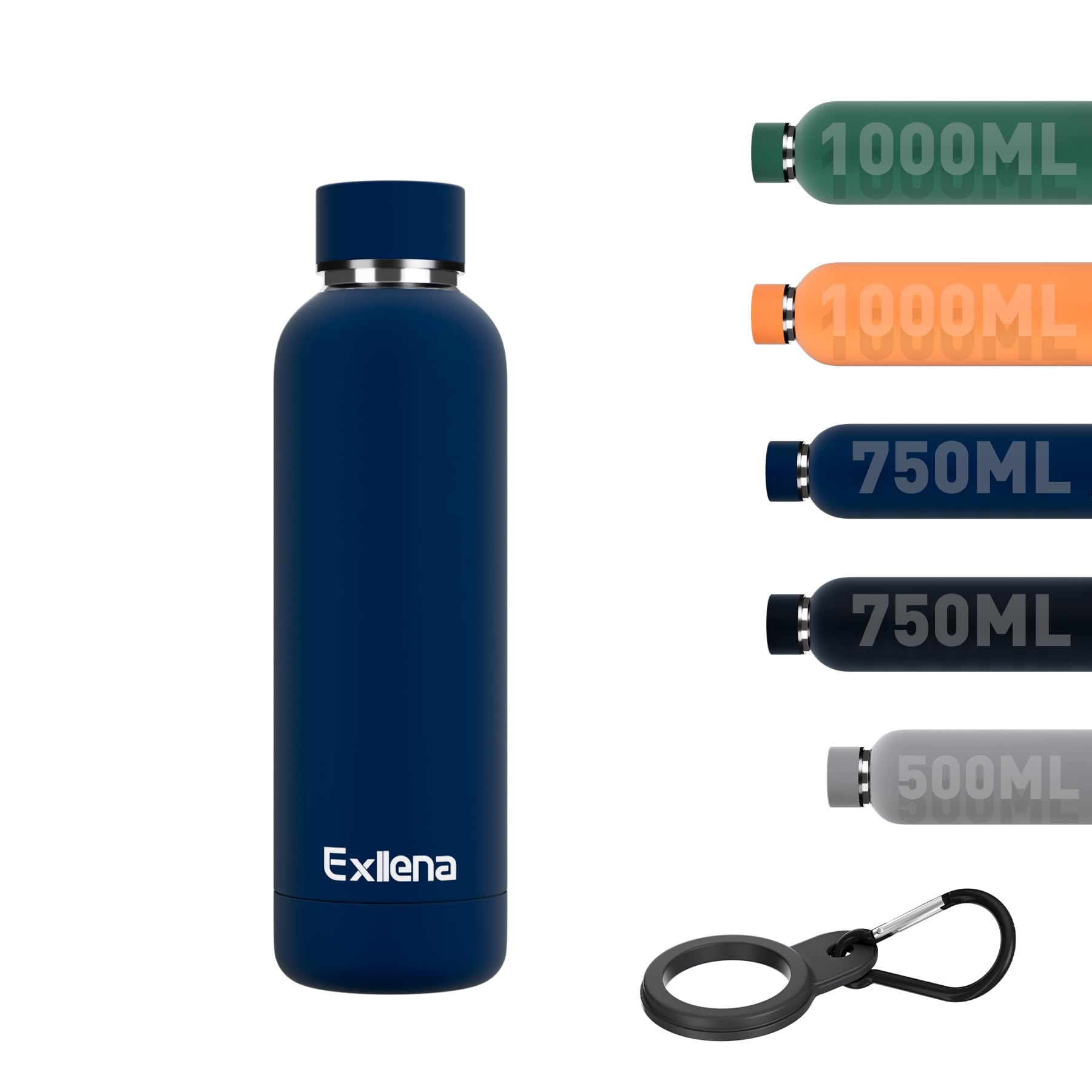 Exllena Insulated Water Bottles 500ml with Clip, Double Wall Vacuum Drinks Bottle Keeps Drinks Cold 24 Hrs/Hot 12 Hrs, Stainless Steel Water Bottle BPA Free (Dark Blue)
