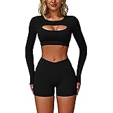 2 Piece Workout Sets for Women High Waisted Pleated A-line Skirt Yoga Long Sleeve Cutout Crop Tops Athletic Sets
