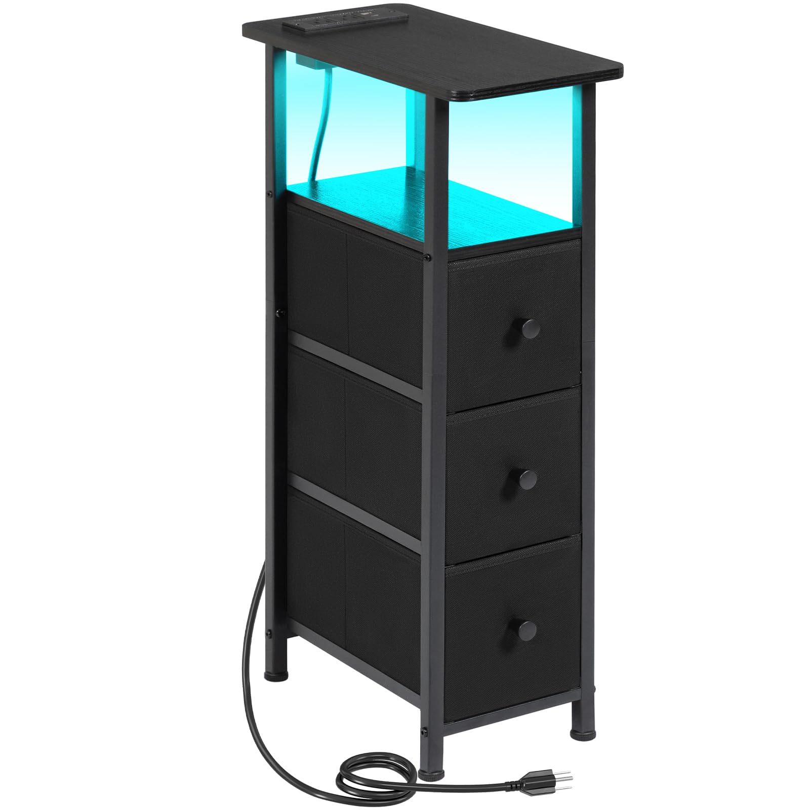Photo 1 of LOAKEKEL Narrow End Table Living Room with Charging Station, Skinny Side Table with Fabric Drawers, Slim LED Nightstand for Bedroom, Small Spaces, Couch, Black, HETNDP03LBK-1