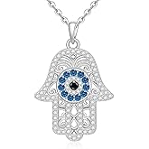 Jewlikee Hamsa Necklace for Women Sterling Silver Evil Eye Necklace Hamsa Hand of Fatima Pendant Greek Jewelry Turkish Amulet Protection