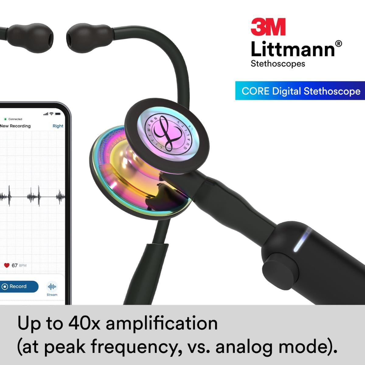 3M Littmann CORE Digital Stethoscope, Our Most Advanced Stethoscope Yet, Up To 40x Amplification, Active Noise Cancellation, In-App Sound Wave Visualization, High Polish Rainbow Chestpiece, 8570