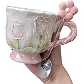 DTIUYIOP Large Ceramic Coffee Mug Pink Cute Flower,with and Spoon,Flower Mugs with Handle,Floral Girly Mugs,Breakfast Milk Oatmeal Cup,Girl Gift,14oz/410ml ,(Pink)