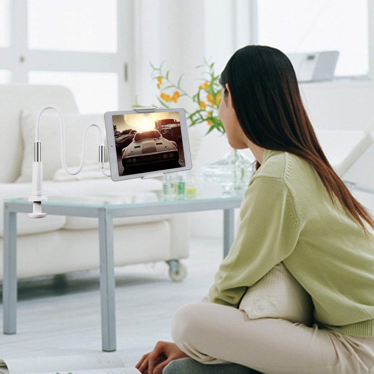 Licheers Lazy Gooseneck Tablet Stand Holder, Flexible Phone Mount 360 Adjustable Tablet Desktop Bracket Mount with 47.25 Inch Long Arm for iPad, iPhone, Samsung Galaxy, and More (White)