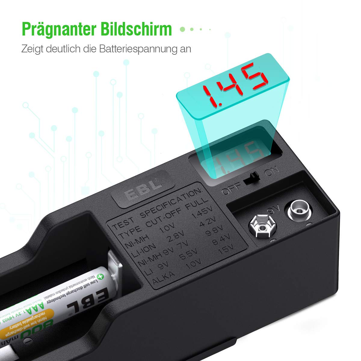 EBL Batterien Tester Universal Batterieprüfergerät für AA AAA NI-MH C D LI-ION 18650 14500 18500 10440 NI-MH 9V LI 9V Batterie testgerät mit LCD-Anzeige Akku Testgerät für Spannung