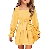 Haloumoning Girls Dresses Long Sleeve Square Neck Crossover Waist Casual A-Line Spring Fall Dress 5-14Y