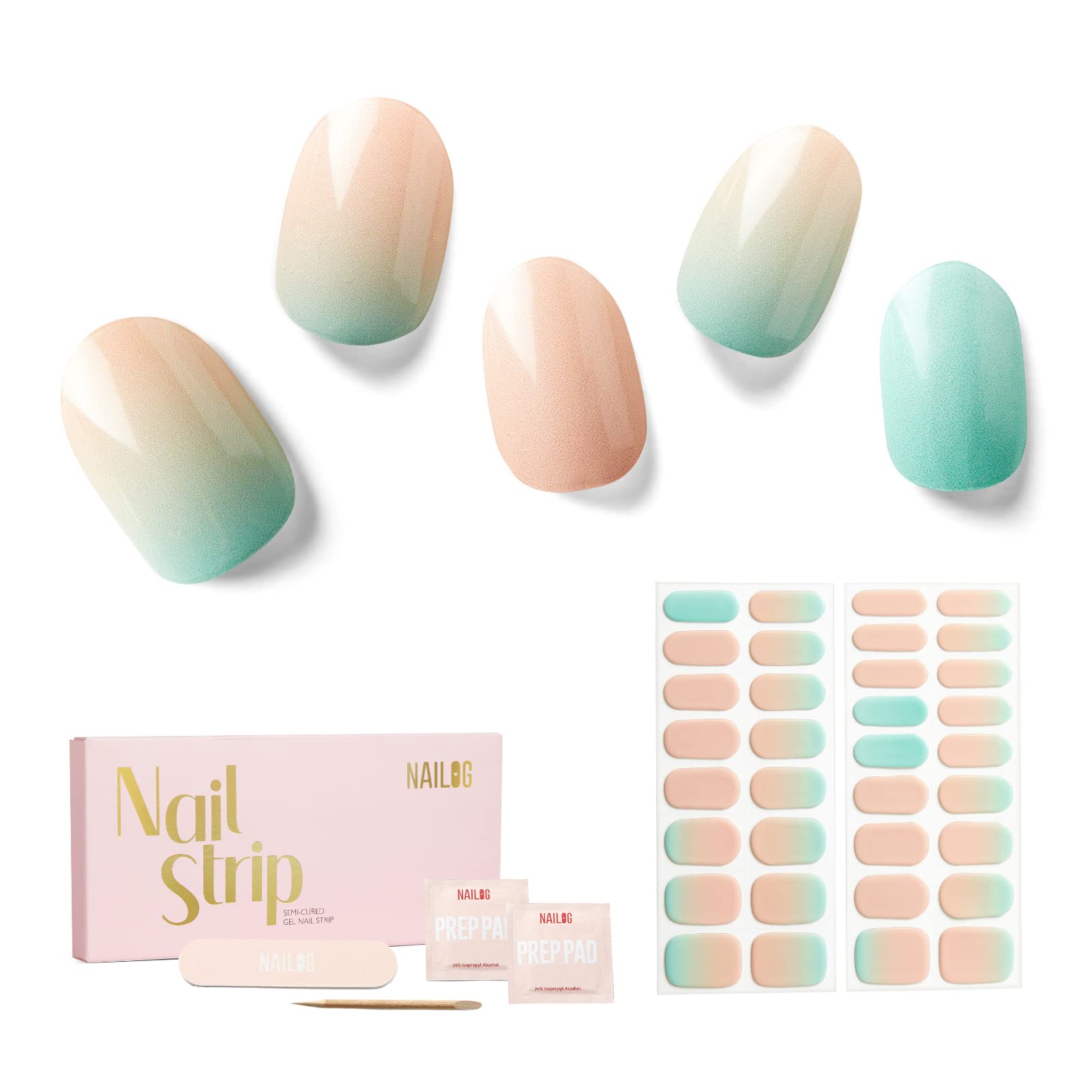 NAILOG Semi Cured Gel Nail Strips, 34 pcs Salon-Quality Gel Nail Stickers, Long Lasting Nail Wraps for Women with Soft Gel Finish, New Dawn