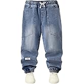 Nivne Tco Tween Boys Jeans Casual Letter Applique Bow Rope Decor Cuffed Denim Pants Kids Elastic Waist Trousers 4 Pockets