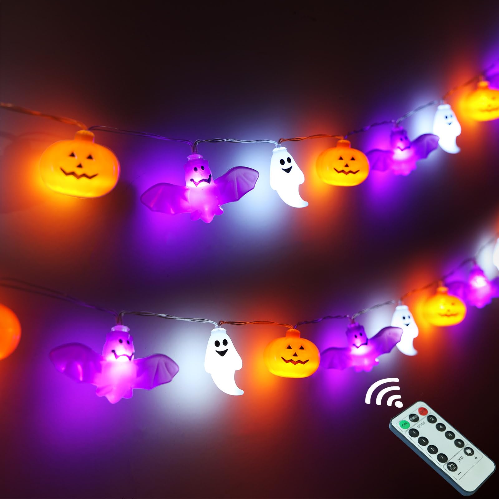 Photo 1 of Halloween Lights, 16.4FT 30 LED Pumpkin Bat Ghost Battery Operated Orange and Purple String Lights Strobe 8 Lighting Modes Timer Fairy Indoor Outdoor Window Front Porch Decor Party Decorations