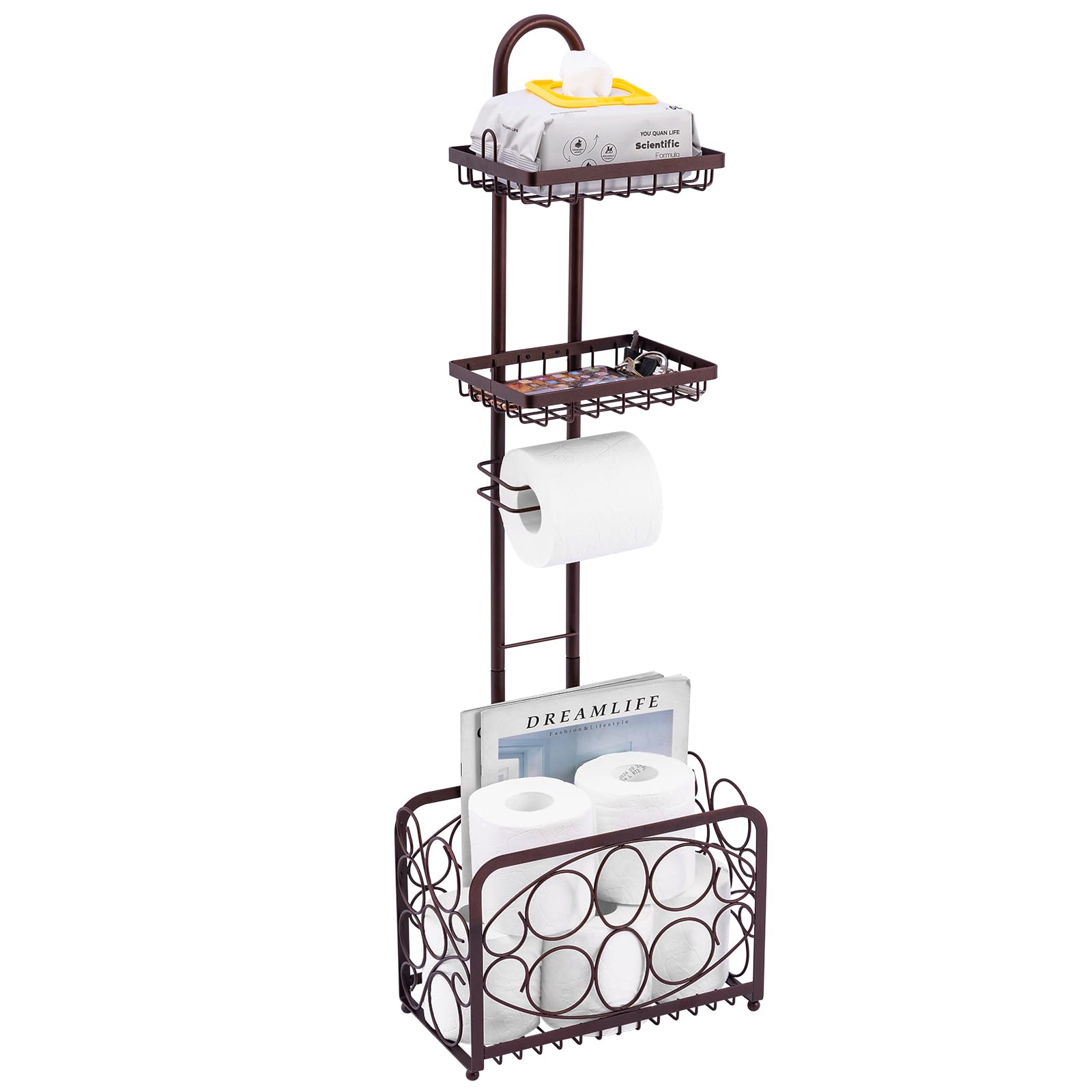 Photo 1 of Oasis Creations Toilet Paper Holder Tissue Rack Stand with Magazine Toilet Roll Storage Basket- Freestanding, Bronze Metal