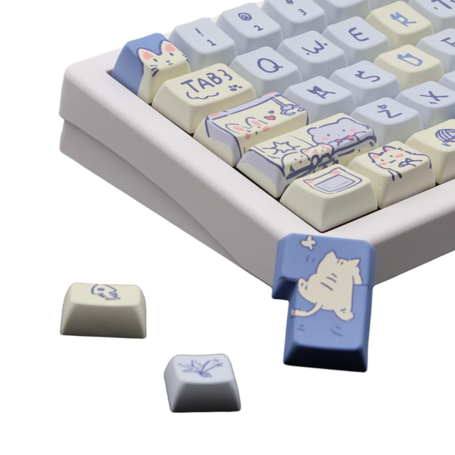 Cmokifuly Custom Keycap for Mechanical Keyboard MDA Profile Key Caps with 148 Keys Dye-Sub,ANSI &Extra Enter Cute PBT Keycaps (Blue Cat)