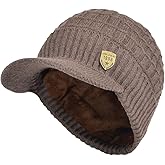 FORDALLIO Winter Visor Beanie Brimmed Baseball Cap Fleece Lined Waffle Knitted Billed Hat