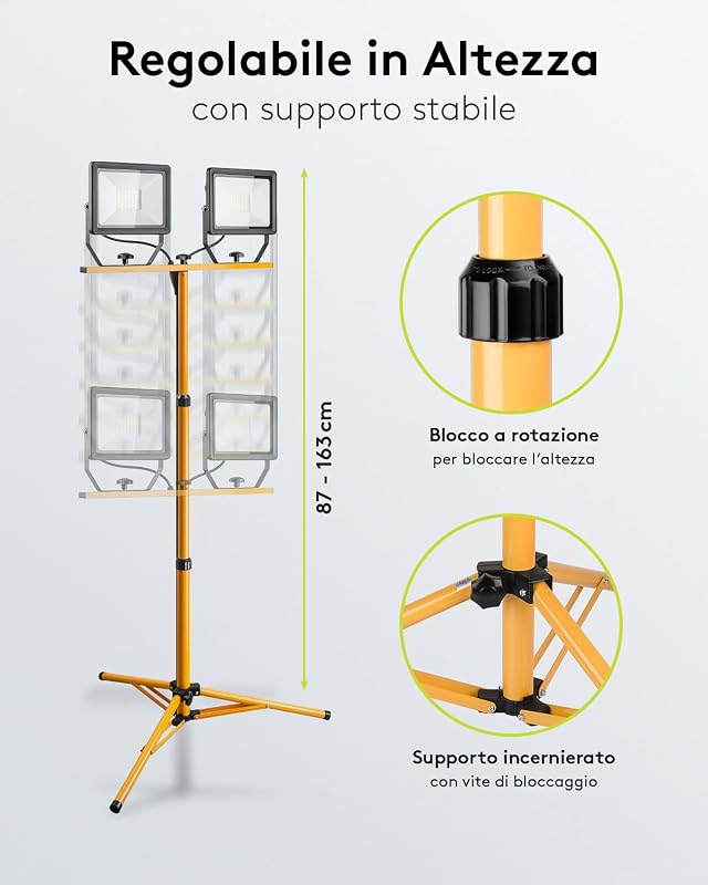 49984 Faretto LED da Cantiere telescopico, Doppia Testa, per Interni ed Esterni, treppiedi in Metallo, Luce Bianca Fredda, Giallo, 2x 50W
