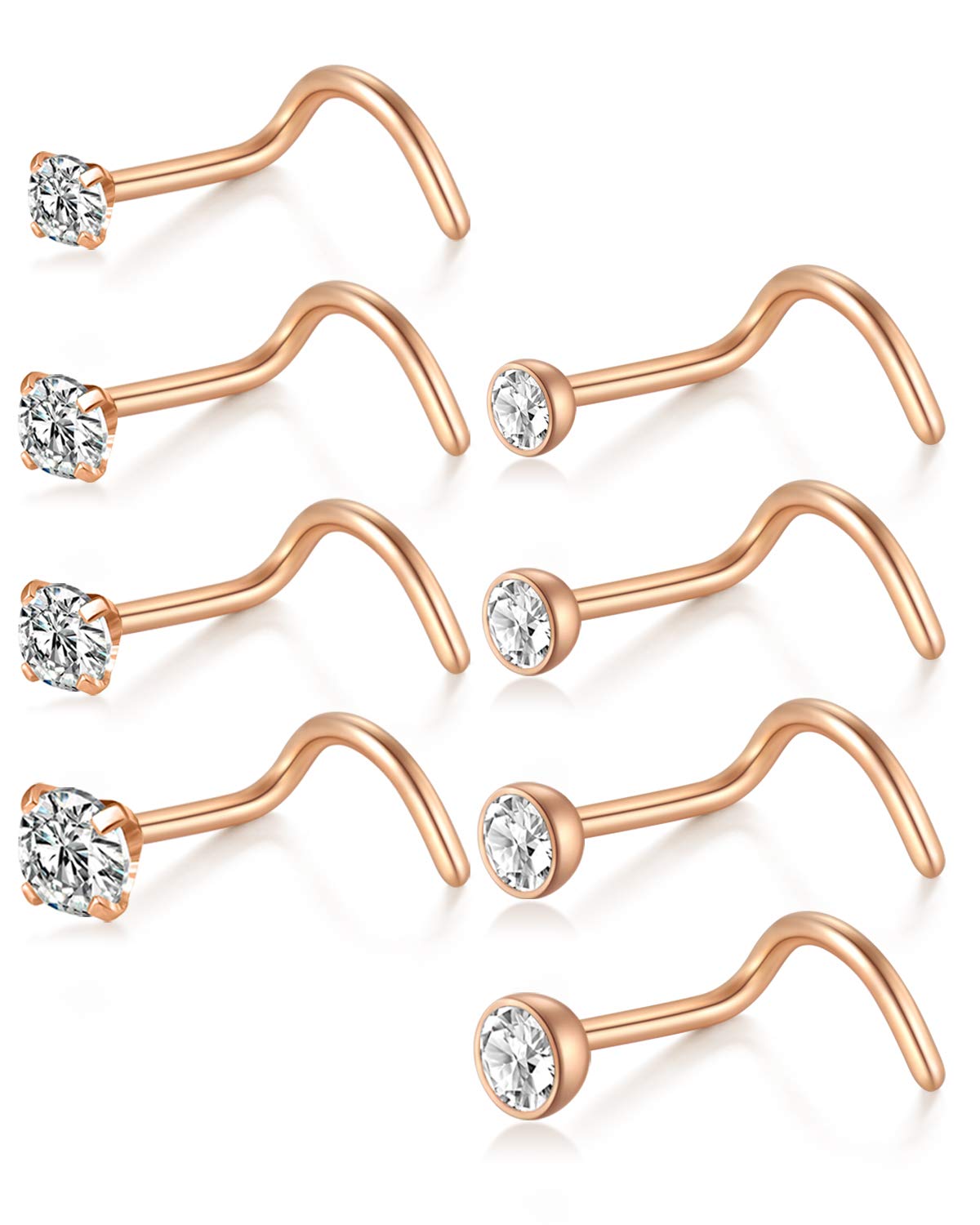 AceFun Nose Screw Studs Rings Piercing Jewelry 18G 1.5mm 2mm 2.5mm 3mm Round Diamond CZ 8PCS Rose Gold
