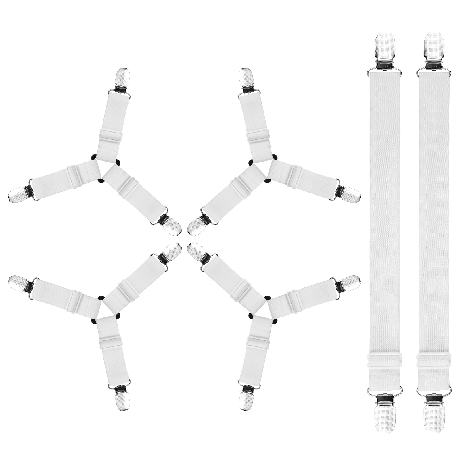 AUAUY 6 PCS Bed Sheet Clips, Adjustable Bed Sheet Straps with Clips, Mattress Fasteners to Hold Sheets in Place, Elastic Bed Holder Corner Straps for Bedding, Sofa Cushion-White, 3 Clips & 2 Clips