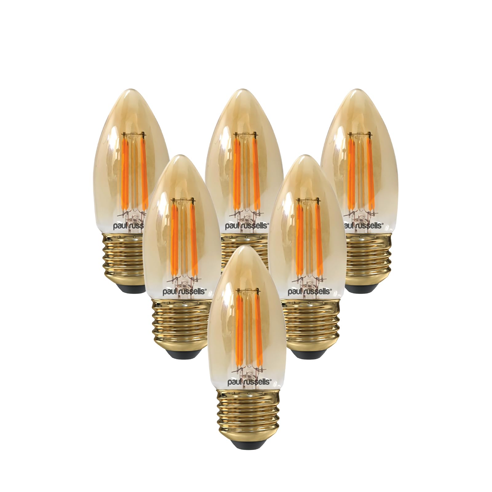 paul russells LED Candle Filament Light – 4.5W 35W Equivalent Replacement, 400LM Lumens, 2200K Extra Warm White, ES E27 Edison Screw C35 Bulbs – Energy Saving Non-Dimmable Lamps - Pack of 6