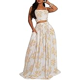 HANMAX Two Piece Sets for Women Summer Floral Beach Outfit Casual Sleeveless Cropped Tank Top High Waisted Maxi Skirt Set