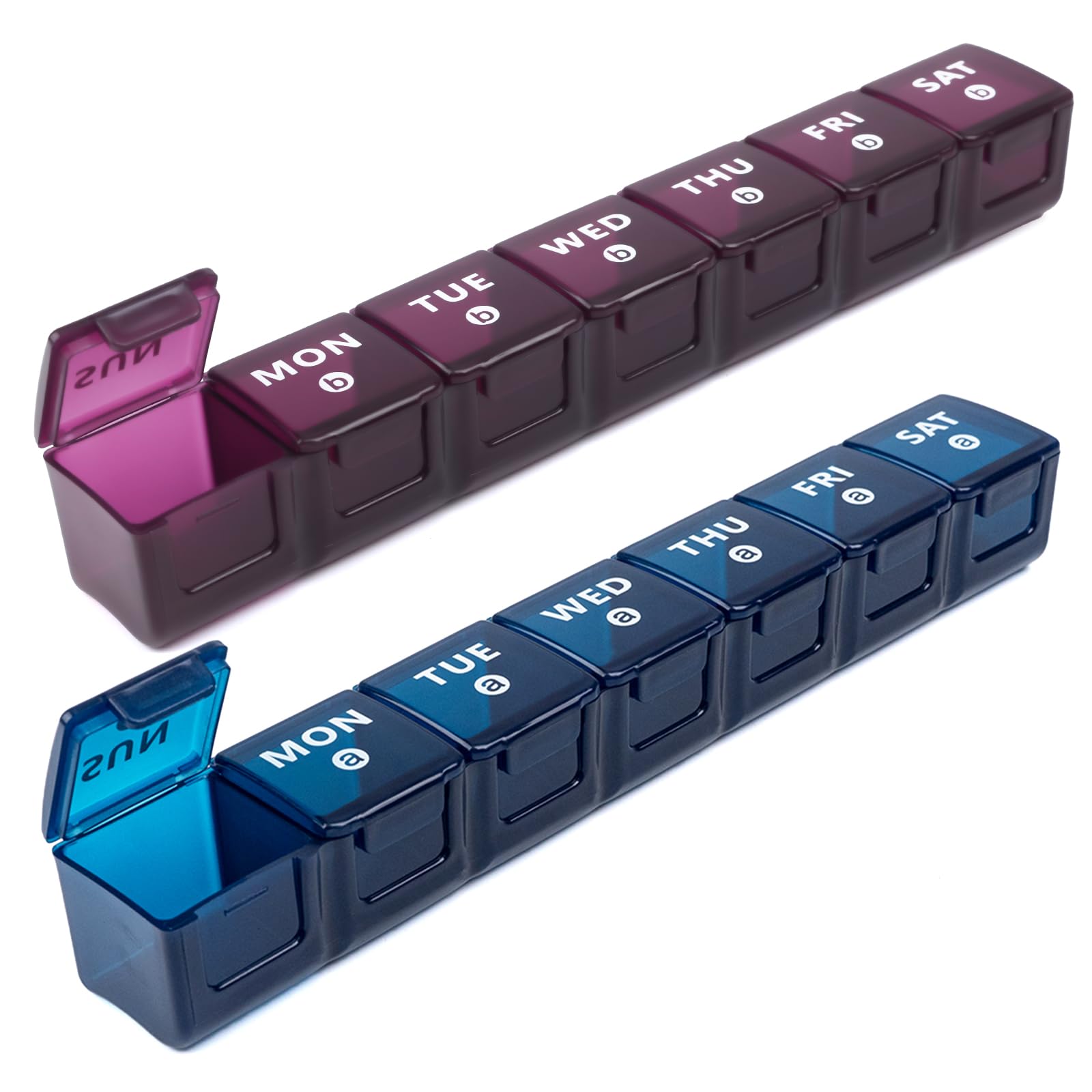 Large Pill Box Organiser, 2pack Weekly Travel Pill Organiser, Pill Boxes 7 Day 2 Times a Day Big Compartments Pill Case 14day XL Medication Tablet Dispenser for Fish Oil Vitamin Holder (Blue-Purple)