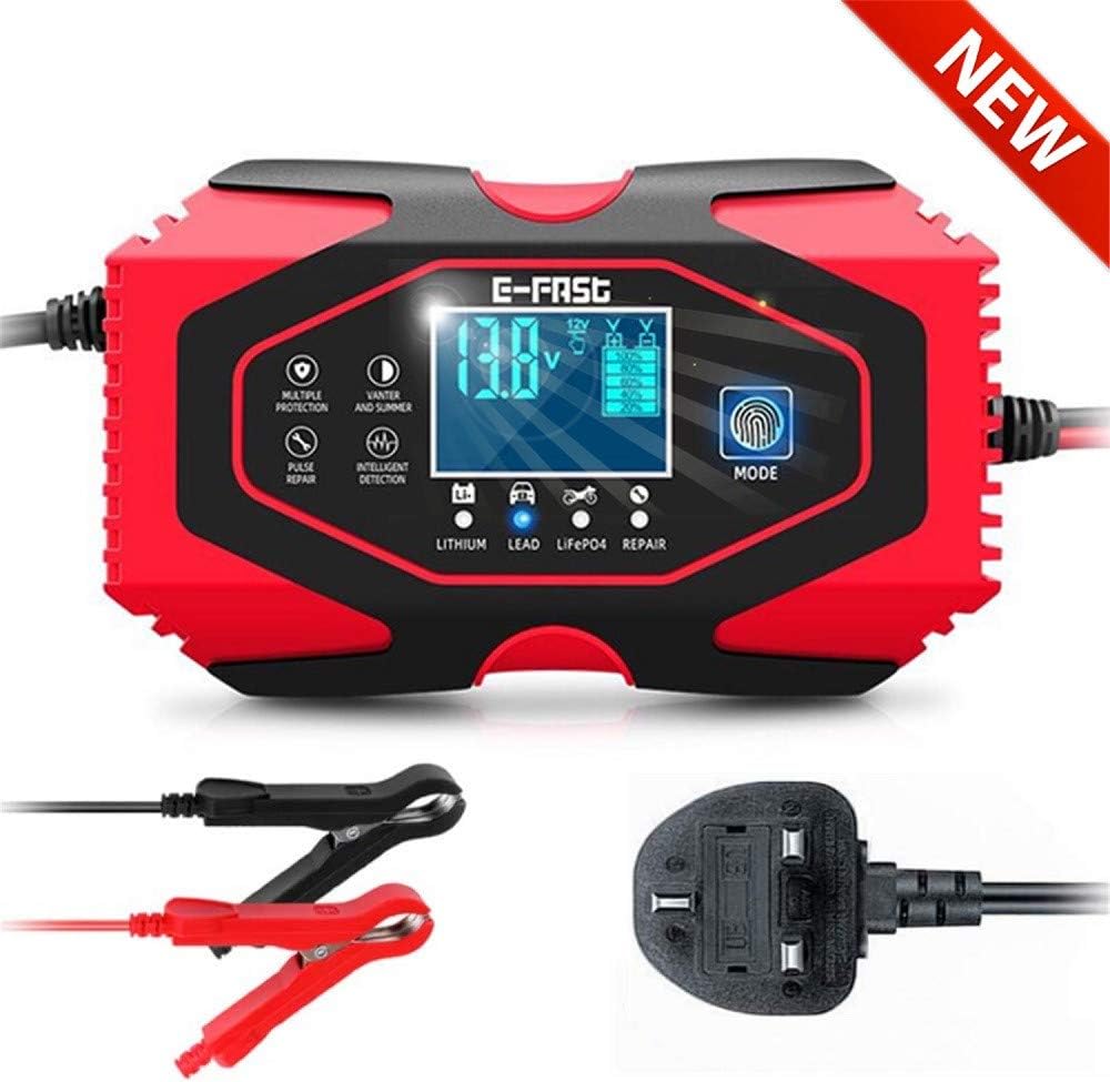 Car Battery Charger, 12V/6A 24V/3A Fully Intelligent Pulse Repair Lead Acid Lithium Battery Charger & Maintainer - UK Plug, Red