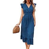 CUPSHE Women's Summer Casual Maxi Dress V Neck Short Flutter Sleeve Ruffled Flowy Long Dresses
