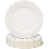 Juvale Disposable Plastic Dinner Plates - Cream Disposable Dinnerware for Weddings & Bridal Showers - Vintage Plastic Dinner Plates for Weddings & Parties - 10 in, Pack of 25, Cream
