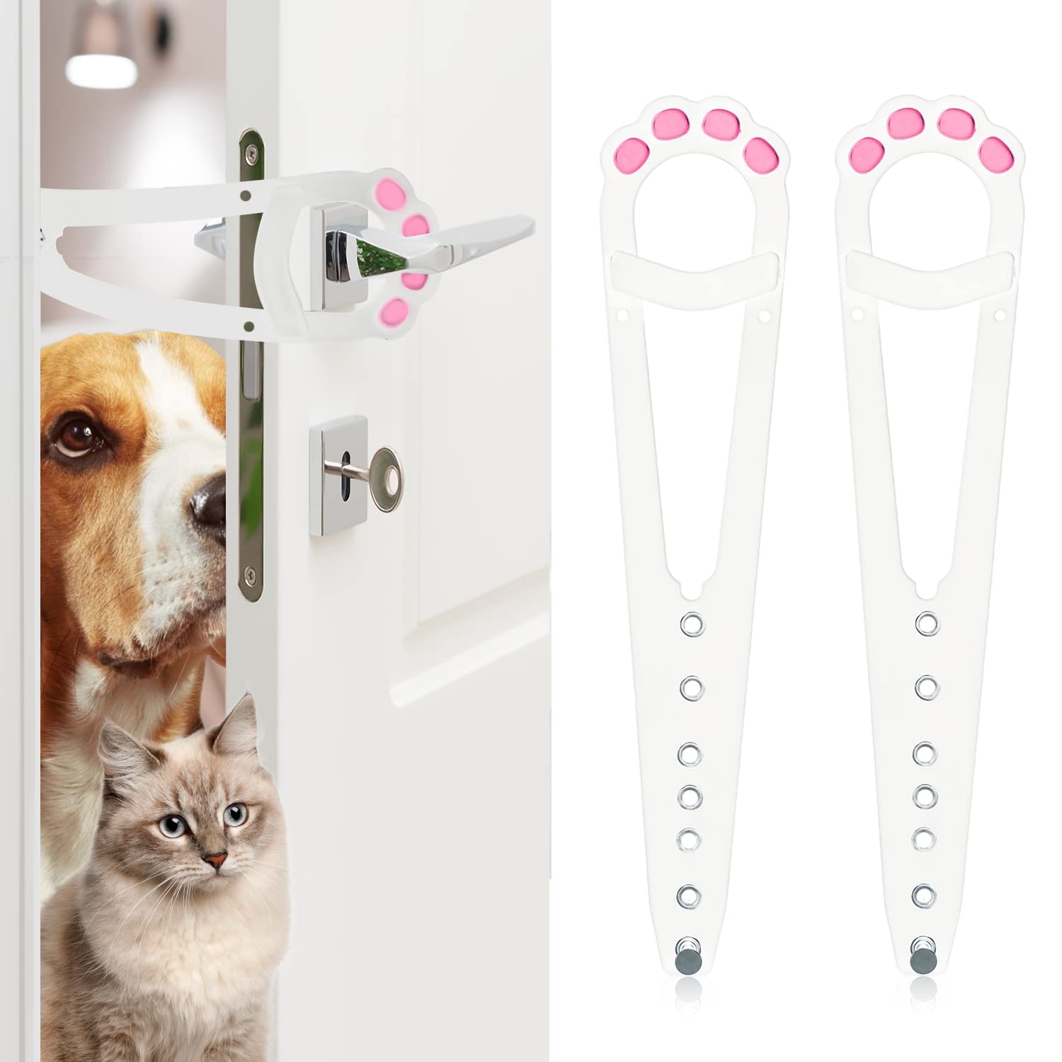 2pcs Pet Door Latch Holder, Adjustable Cat Door Latch Cute Cat Door Bracket Latch Cat Door Stopper for Keeping Dogs Out (White & Pink)