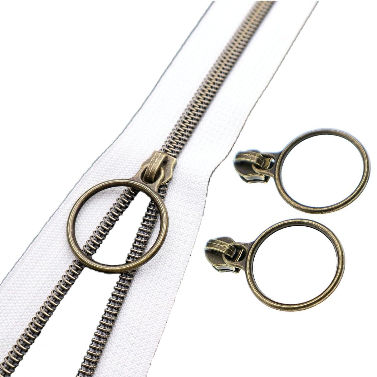 Leekayer #5 White Nylon Zippers Metallic Coil Zippers by The Yard Bulk 10 Yards White Zipper Tape with 25pcs Sliders for DIY Sewing Craft Bag (Antique Brass) — image 1