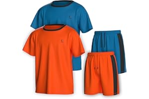 Essenclo Boys Clothing Sets Tagless Loose Athletic Performance Crew Neck T-Shirt and Short Outfits Size 3-16 (4 Piece Set)