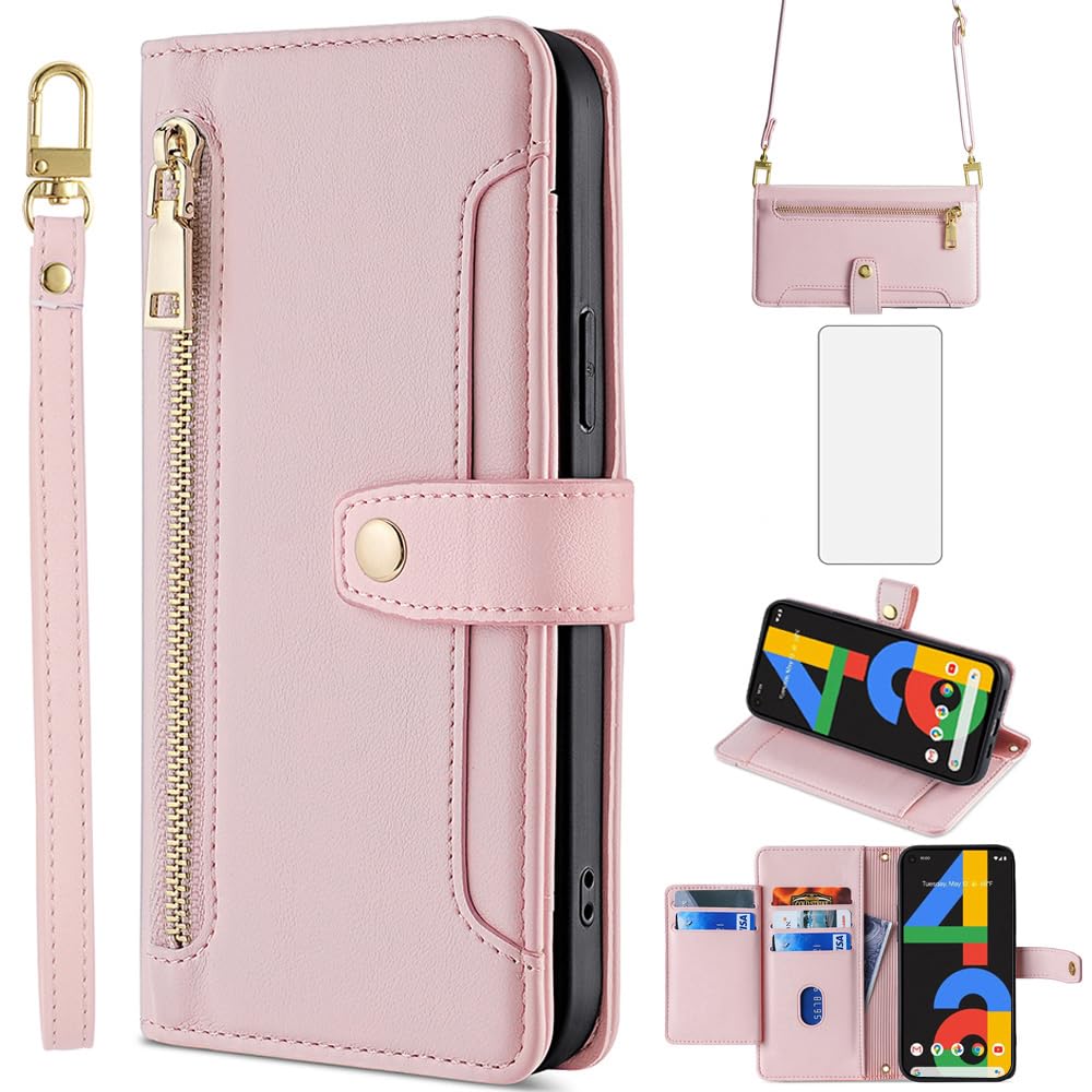 Asuwish Phone Case for Google Pixel 4a 4G Wallet Cover and Screen Protector Zipper Card Holder Slot Stand Lanyard Leather Magnetic Cell Accessories Protective Pixel4a Pixle a4 5.8 2020 Women Rose Gold