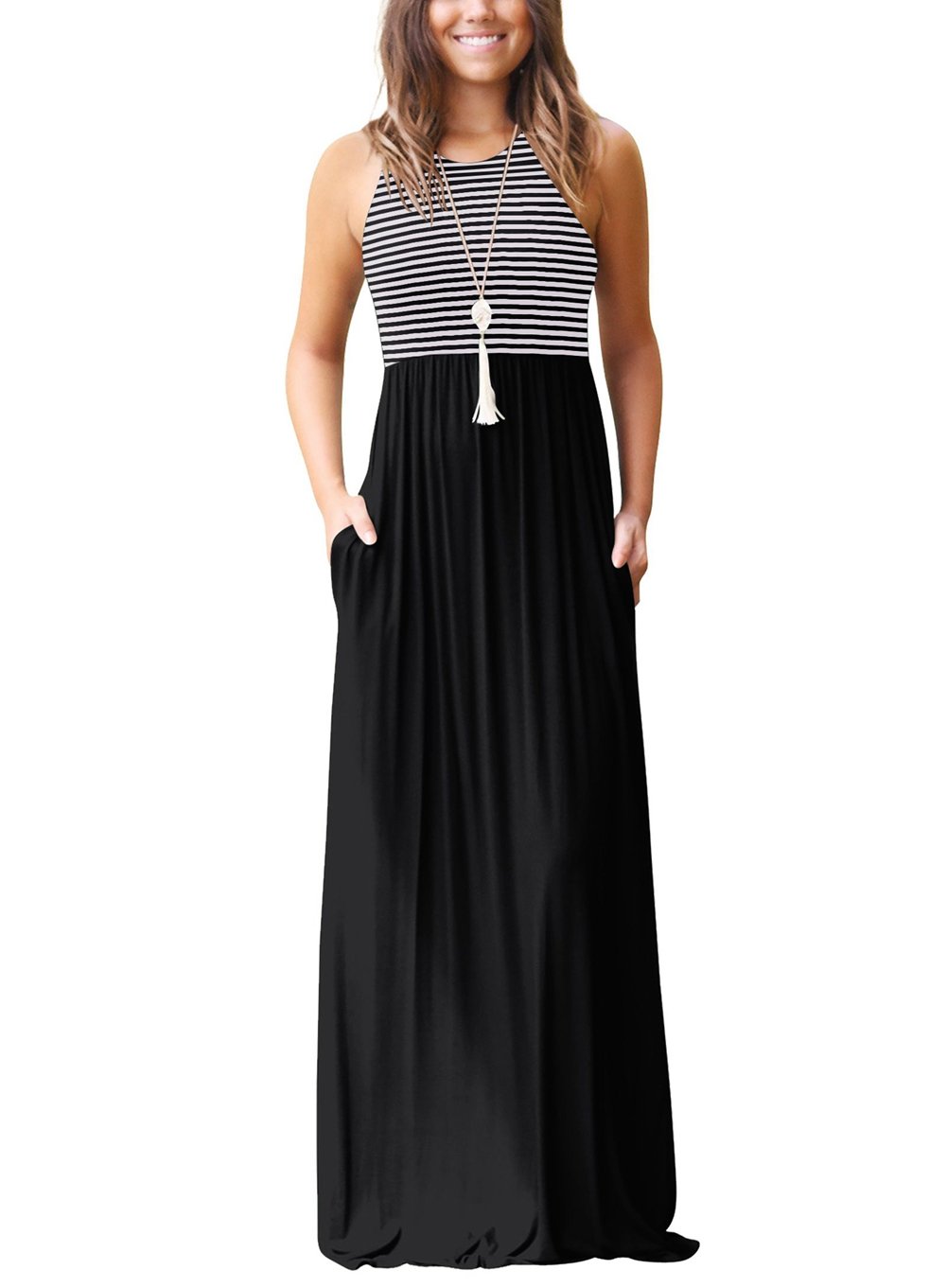 RQH Women Casual Plus Size Sleeveless Striped Maxi Dress with Pockets