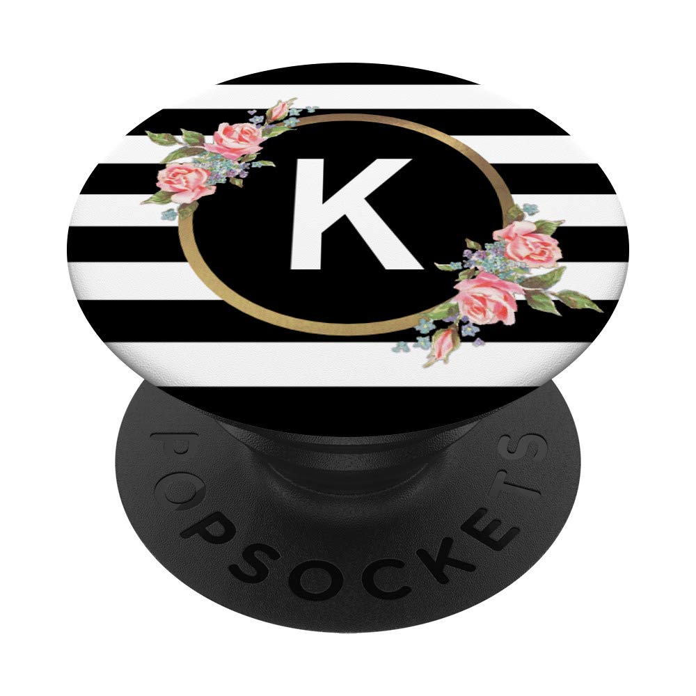 Floral Letter K Monogram - Black and White Stripes & Flowers PopSockets PopGrip: Swappable Grip for Phones & Tablets