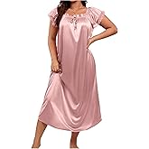 OYOANGLE Women's Plus Size Satin Nightgowns Square Neck Short Sleeve Lace Trim Long Pajama Dress Sleepwear