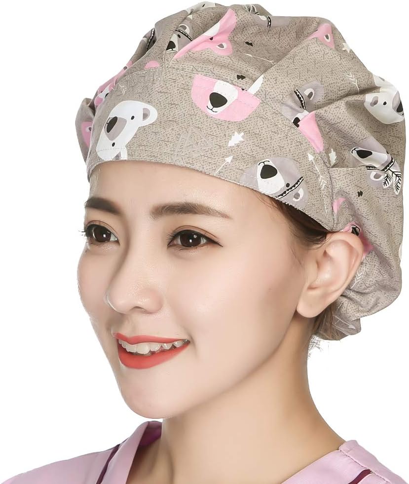 Women Scrub Hats with Sweatband Adjustable Cotton Bouffant Cap Doctor Scrub Cap Free Size