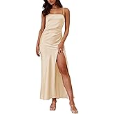 MQCVC Summer Satin Spaghetti Strap Backless Maxi Dresses for Women 2026 Sexy Square Neck Ruched Slit Wedding Guest Midi Dress