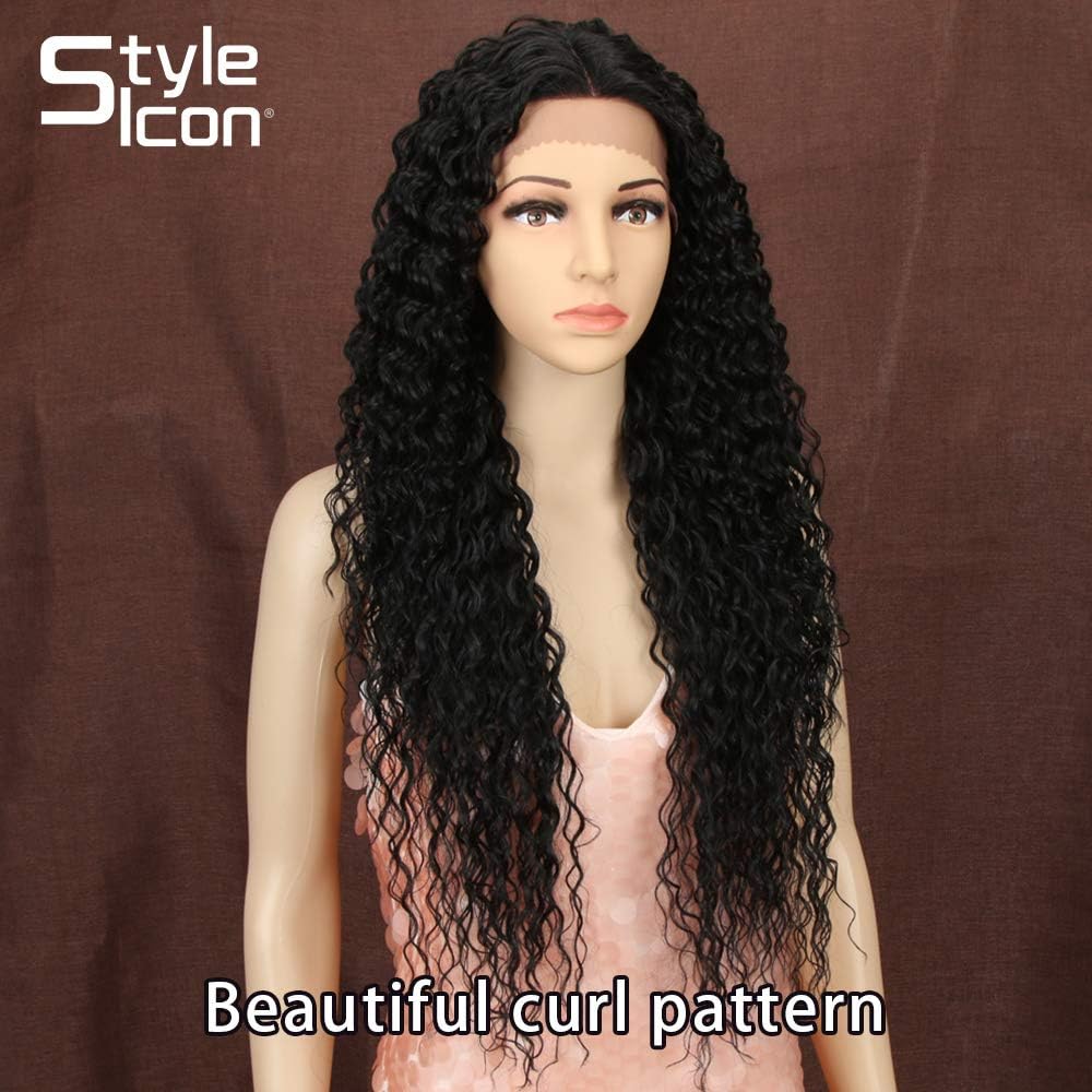 Style Icon Lace Front Wig 28 Inches Curly Synthetic Baby Hair Wigs For Women Heat Resistant Fiber, 1B - Image 4