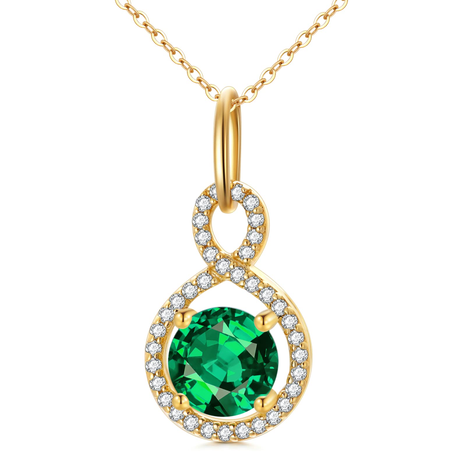 SISGEM 9 ct Gold Infinity Necklace, Solid Yellow Gold Emerald Green Birthstone Infinity Pendant Necklace, for Women Girls Ladies Mum Sisters, 16"+1"+1"
