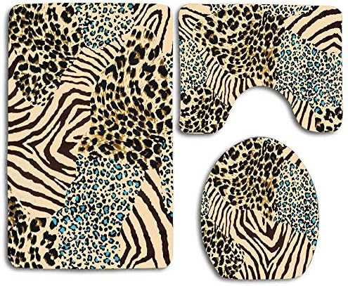 huachuangxinlHUQ Animal of Tiger Prints and Zebra for Mix Leopard Color Abstract Africa Cat Chic 3 Piece Bathroom Rug Set Non-Slip Bath Mat Contour Rug Toilet Lid Cover Home Decorative Doormat