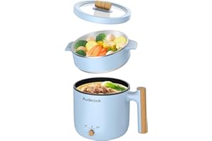 Audecook Hot Pot Electric with Steamer, 1.8L Portable Mini Travel Cooker, Multifunctional Non-Stick Electric Skillet for Stir Fry/Stew/Steam, Perfect for Ramen Noodles/Pasta/Egg/Soup/Oatmeal(Blue)