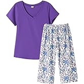 YIJIU Women Soft Comfy Pajamas Cute Cat Short Sleeve Capri Pants PJS Set