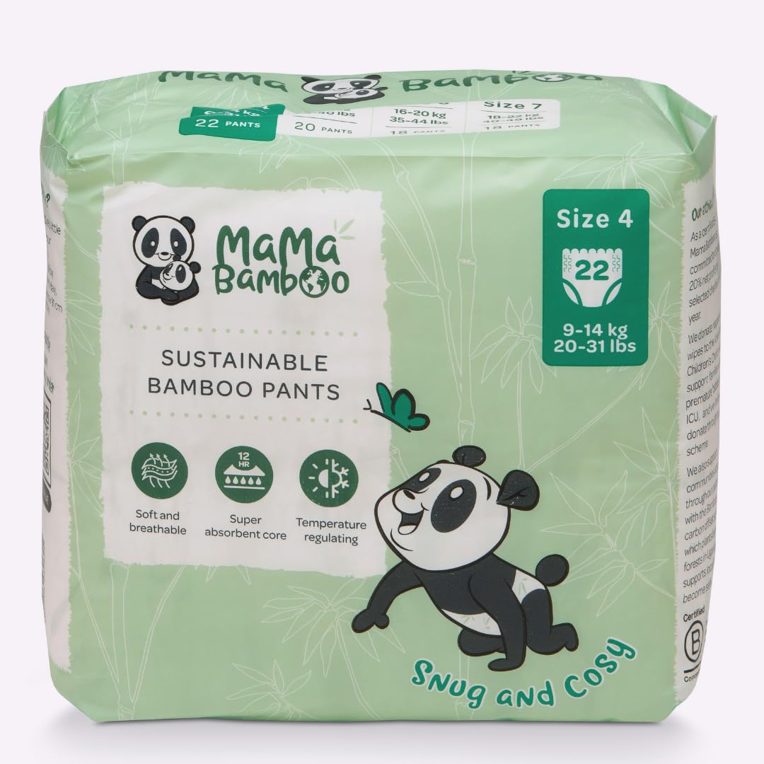 Mama Bamboo - Bamboo Nappy Pants - Soft & Breathable - Naturally Antibacterial - Super Absorbent Core - Leak Free - Size 4 (9-14kg) - 22 Nappy Pants