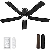 Autoday 52 Inch Ceiling Fans with Lights and Remote - Black Flush Mount Ceiling Fan with Light Low Profile, 6 Speeds, Quiet DC, 3CCT Dimmable, Indoor Outdoor Ceiling Fans for Patios Bedroom