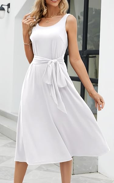 ROSDORRA WOMEN’S 2024 SUMMER SUNDRESS ELEGANT ROUND NECK MIDI SLEEVELESS CASUAL A-LINE SWING BEACH SOLID DRESS WITH POCKETS(WHITE, RS703A1 S)