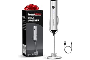 Bonsenkitchen Rechargeable Milk Frother with Stand, Handheld 3-Speed Coffee Frother, Dual Spring Whisk Electric Hand Frother Wand Drink Mixer for Matcha Lattes Cappuccino, Kitchen Gifts