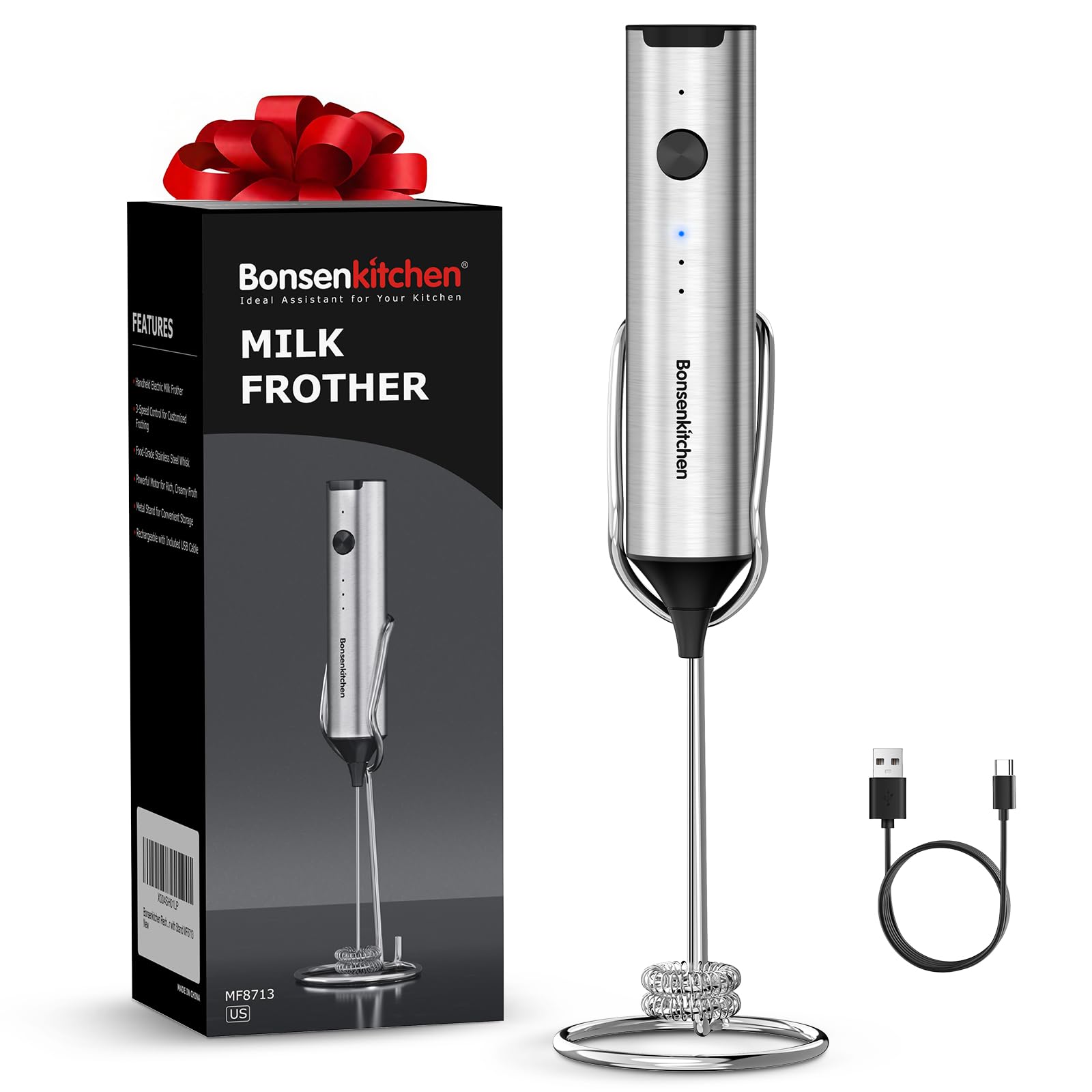 Photo 1 of Bonsenkitchen Rechargeable Milk Frother with Stand, Handheld 3-Speed Coffee Frother, Dual Spring Whisk Electric Hand Frother Wand Drink Mixer for Matcha Lattes Cappuccino, Kitchen Gifts