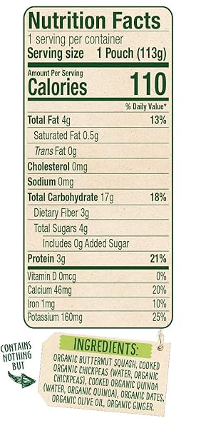 SPROUT ORGANICS BABY FOOD, BUTTERNUT, CHICKPEA, QUINOA & DATE, PLANT POWERED PROTEIN, 4 OZ PUREES (PACK OF 6)
