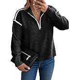 Saodimallsu Womens Quarter Zip Pullover Sweaters Casual Collared V Neck Color Block Long Sleeve Loose Knit Fall Sweater