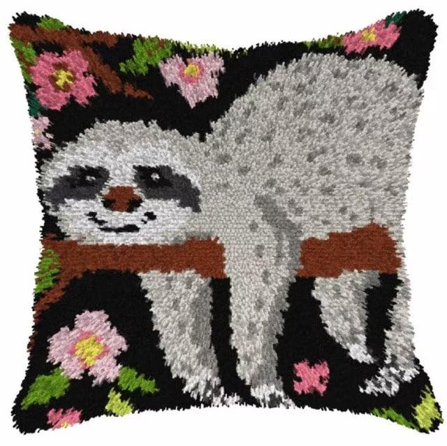 ROCKY&CHAO Gray Sloth Latch Hook Cushion Kits for Adults - 17X17Inch, Latch Hook Pillow Case Kits Embroidery Kits 43X43CM, DIY Needlework Pillow Cover Cushion Rug Making Kit, DIY Craft Kits for Women