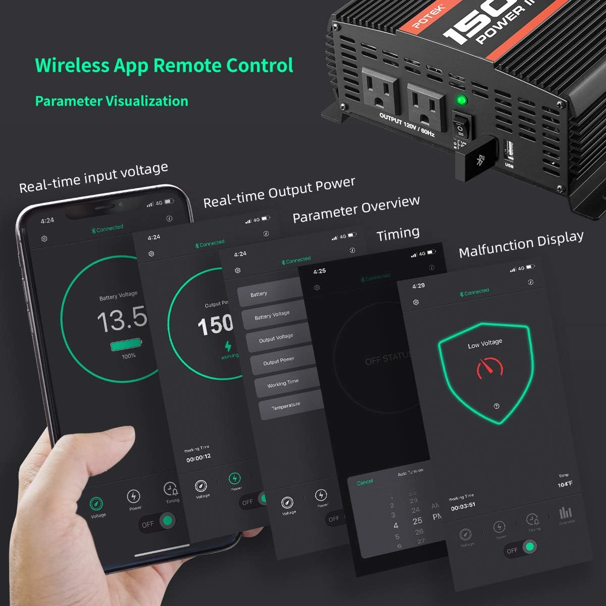 POTEK 1500W Power Inverter Dual AC Outlets DC 12V to 110 V Car Inverter with USB and Bluetooth: Automotive