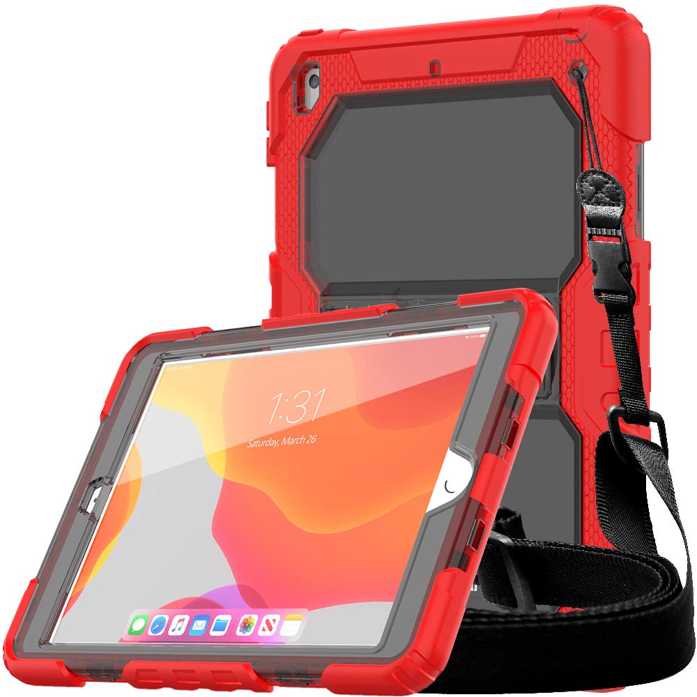 TECHGEAR VANGUARD Design for Apple iPad 10.2" 2021/2020/2019 [9th / 8th / 7th Generation] Tough Rugged HEAVY DUTY Armour Shockproof Survival Protective Case with Stand and Shoulder Strap - Red/Smoke